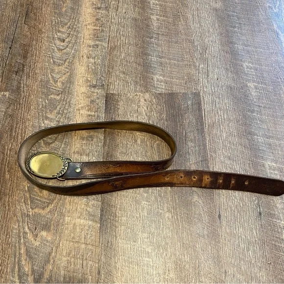 Vintage Brass Horse Branded Brown Leather Belt with Gold Buckle Sz Large to XL - Picture 1 of 7